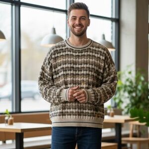 Colours by Alexander Julian Mens Large 3D Knit Sweater Tan Gray Made In USA